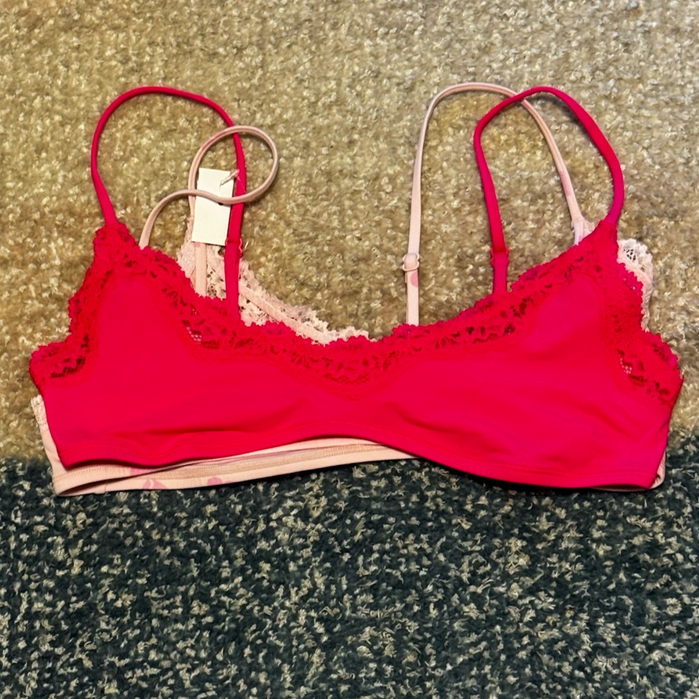 NEW SKIMS Fits Everybody Lace Scoop Bralettes in Flamingo & Heart Print - Picture 2 of 6